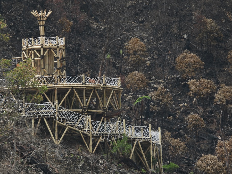 Bamboo structural members protected beneath a roof.