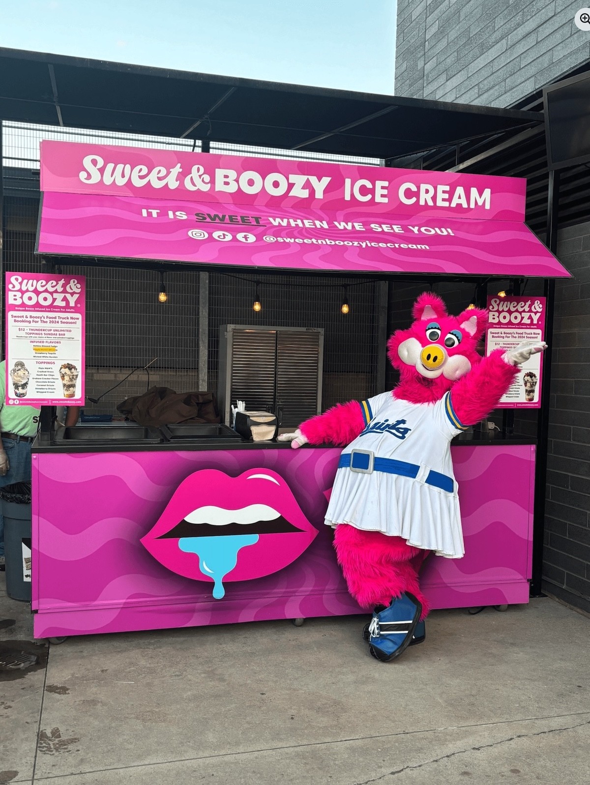 Sweet & Boozy ice cream stand cart with venue mascot