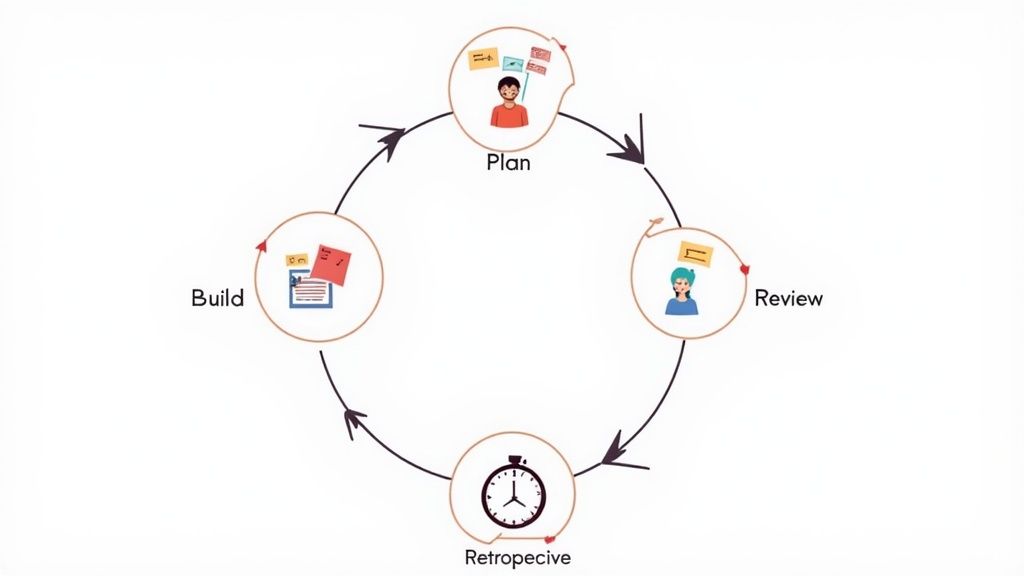 Agile project management cycle diagram showing Plan, Review, Retrospective, and Build phases with arrows