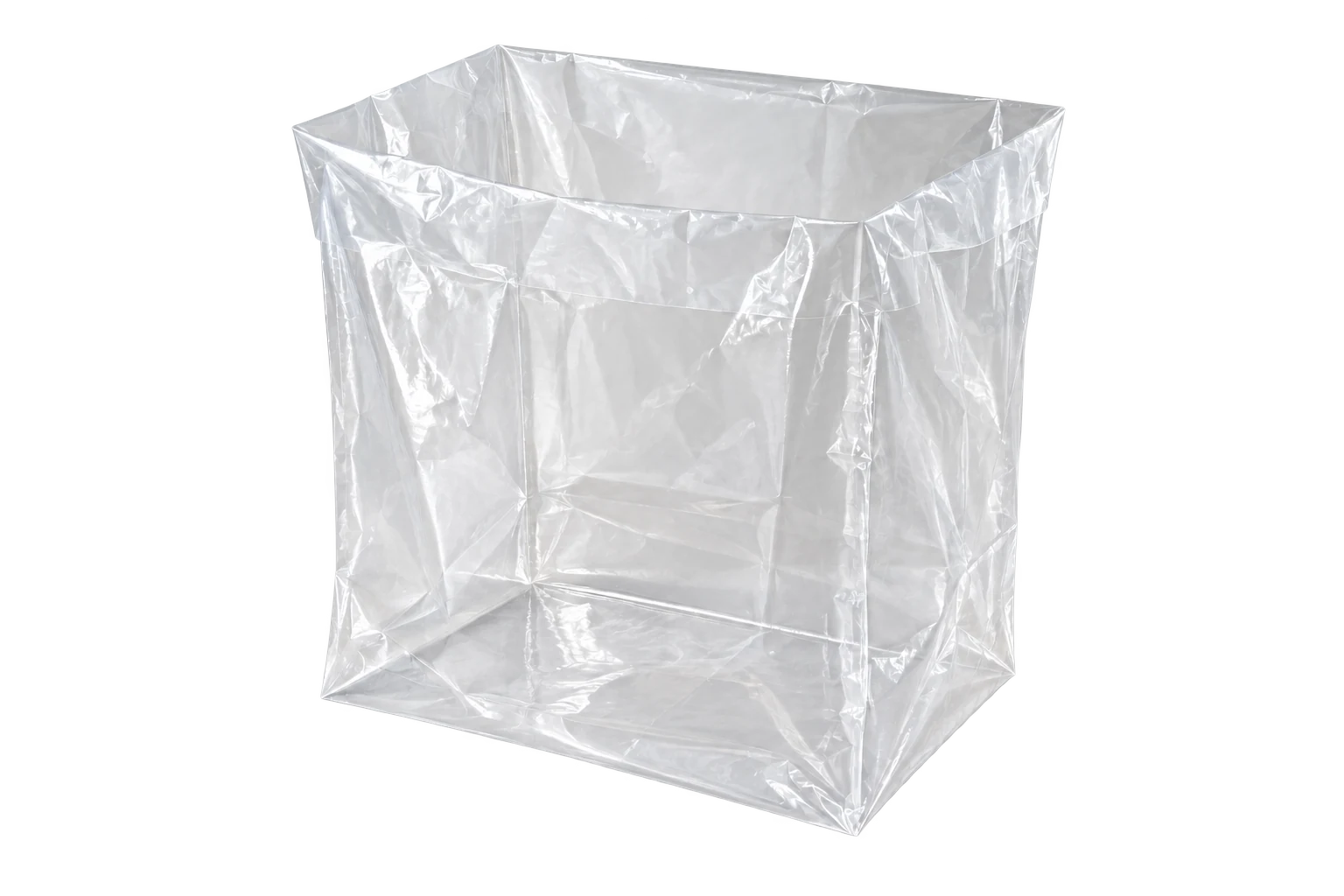 Product visualization of a clear open-top rectangular-bottom liner bag, isolated on a transparent background.