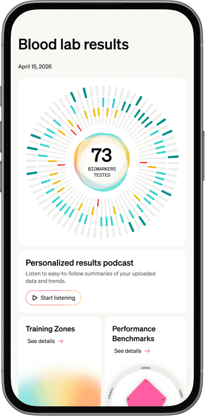 Eternal app blood lab results screen showing 73 biomarkers tested with radial chart, personalized results podcast and training zones