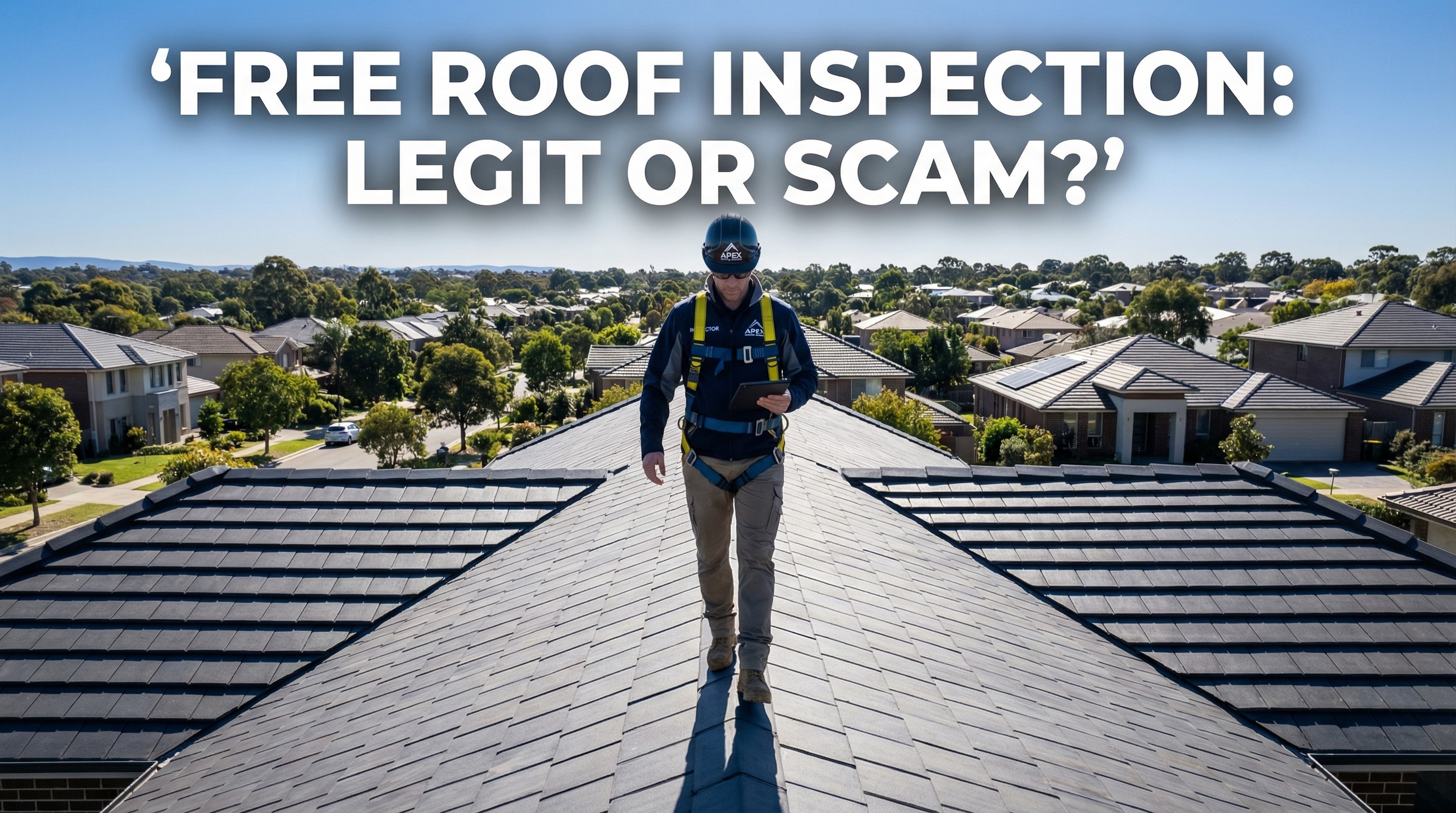 A professional roofer inspecting a house with text overlay asking if free roof inspections are legitimate or scams.