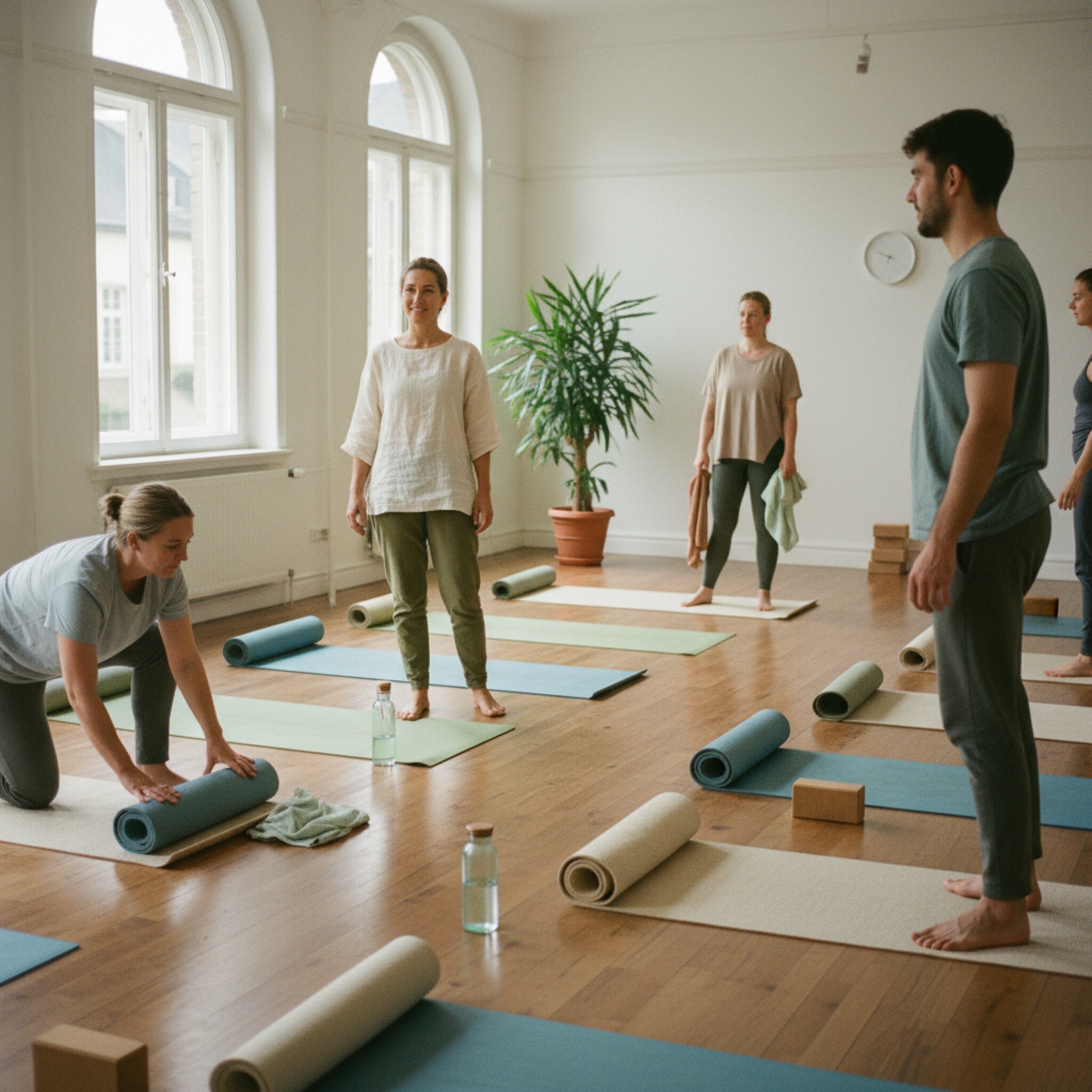 Ein heller Kursraum am Nachmittag: Sonnenlicht fällt durch große Fenster auf Holzboden, Matten liegen in ordentlichen Reihen. Eine Trainerin begrüßt die Gruppe mit einem freundlichen Lächeln, Teilnehmer rollen ruhig ihre Matten aus. Eine ruhige, konzentrierte Atmosphäre, in der gleich die erste Übung startet.