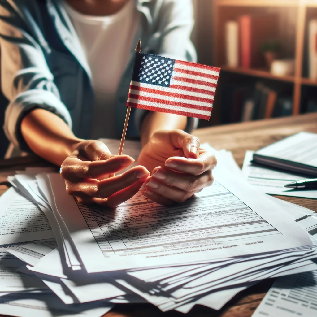 Woman holding an American flag over VAWA visa application forms, symbolizing hope and the journey to legal residency in the U.S.
