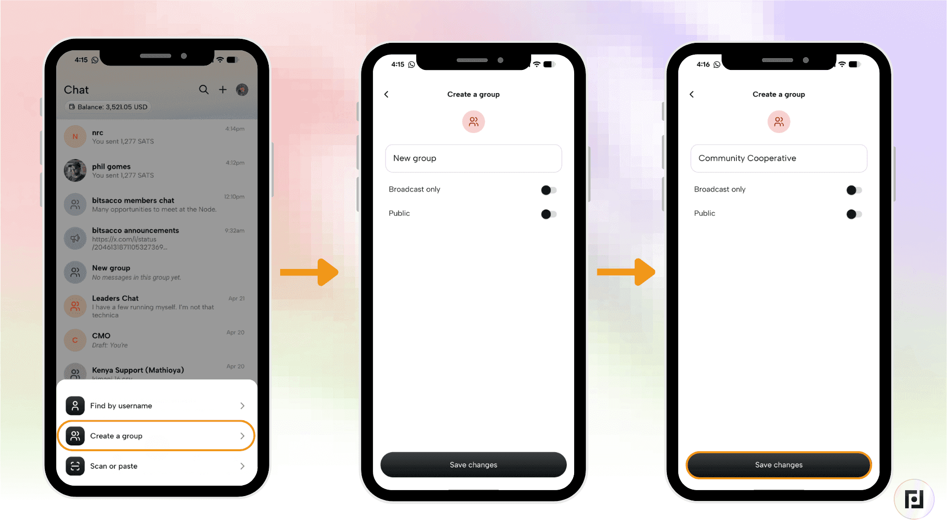 Fedi app screens showing how to create a new group chat named Community Cooperative with Broadcast only and Public options toggled off