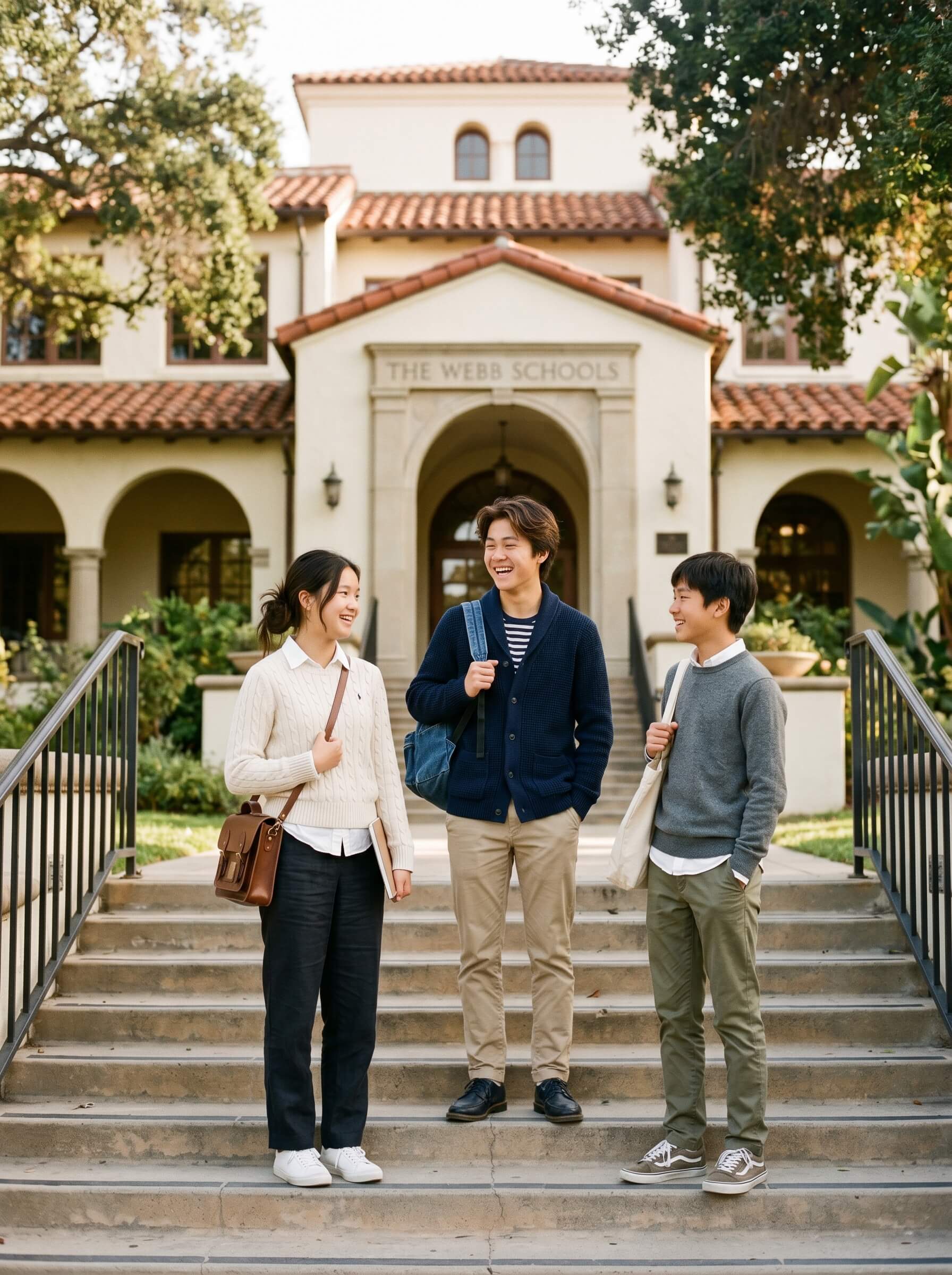 Three students in casual attire stand and chat on the steps of a historic school building with arched windows and a sign reading "The Webb Schools," surrounded by lush greenery.
