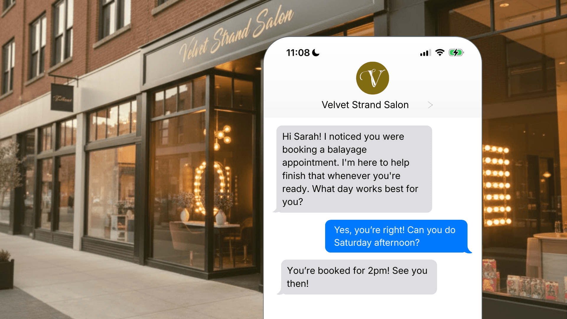 Exterior of Velvet Strand Salon with a smartphone mockup showing a proactive SMS from the salon following up with a customer named Sarah about her abandoned balayage booking, which she completes for Saturday at 2pm.