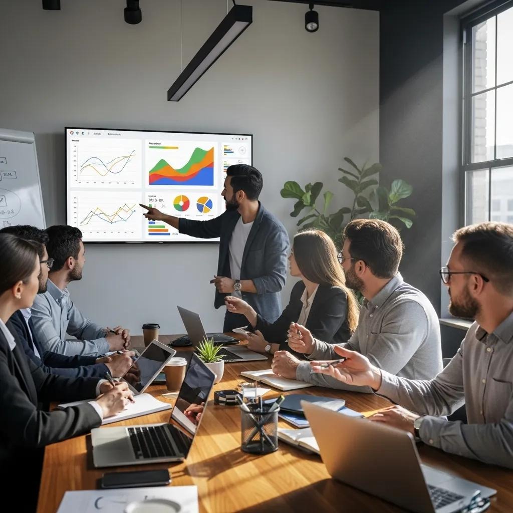 Marketing team brainstorming strategies for optimizing Google Ads budget in a meeting