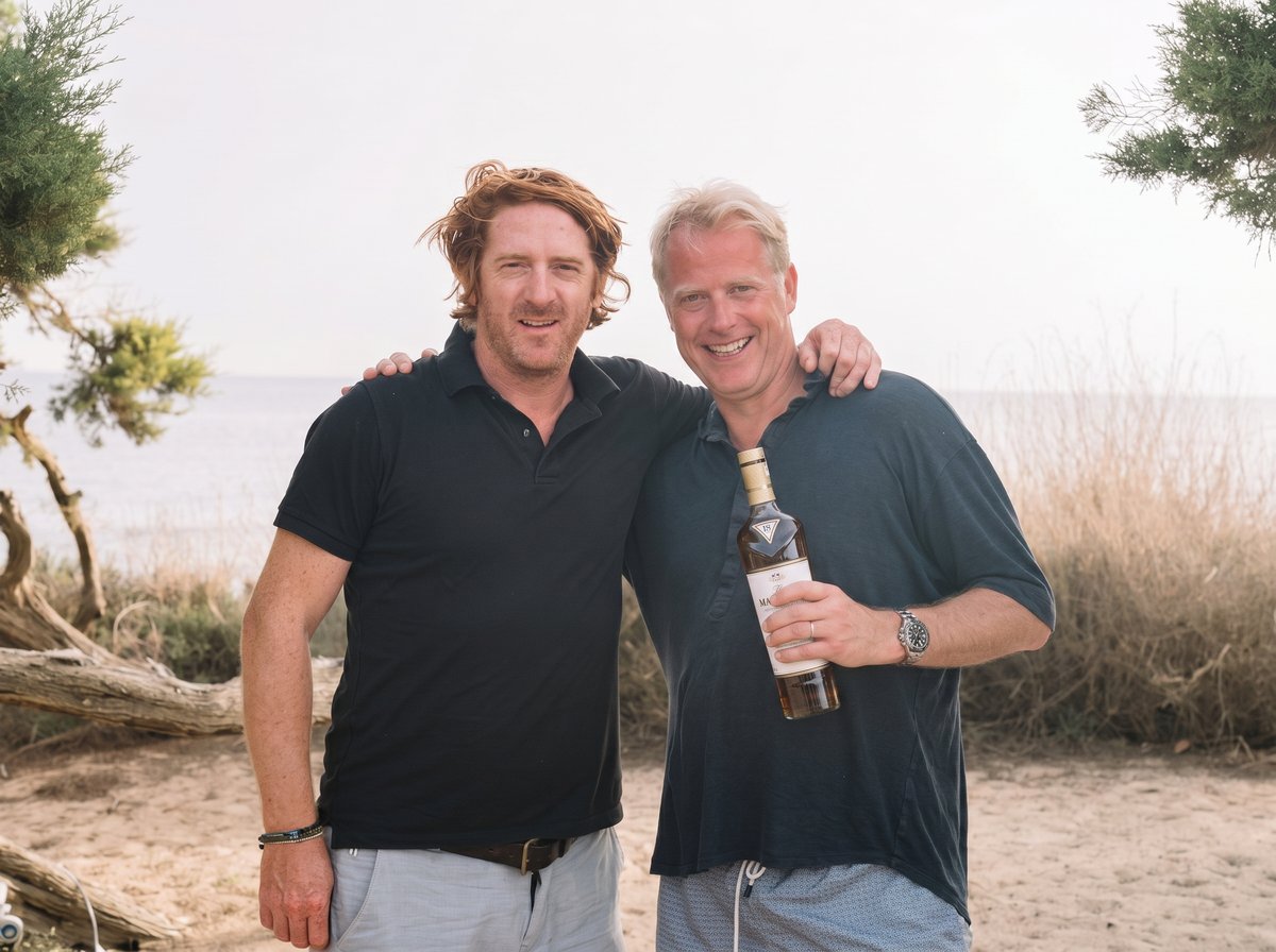 Two people outdoors, one holding a bottle with a premium cork stopper, showcasing spirits packaging and whisky closures.