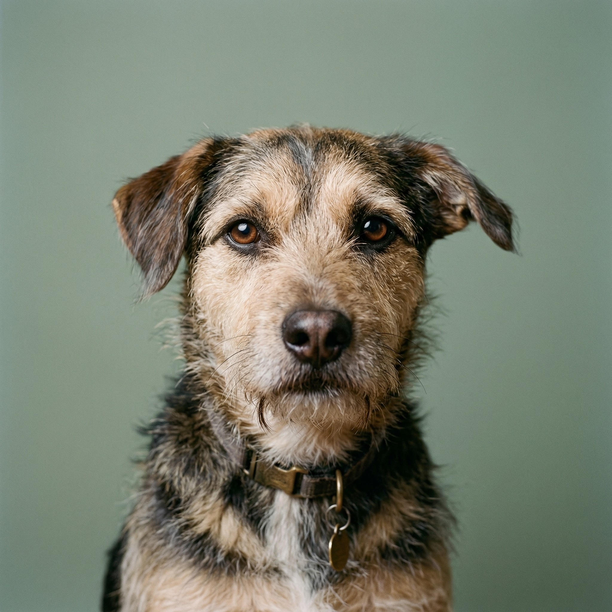 A close-up portrait of a confident wire-haired terrier mix wearing a Nuvorie premium leather collar with a brass tag