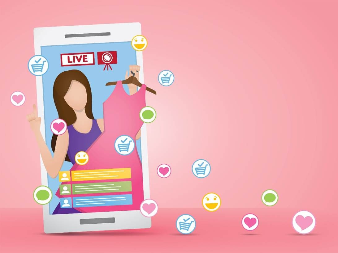 Illustration of a creator live streaming a fashion product on social commerce mobile app
