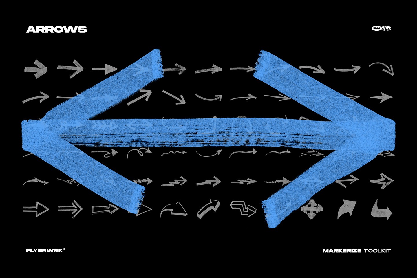 Markerize marker arrows set including a large cyan double arrow and various small hand drawn pointers