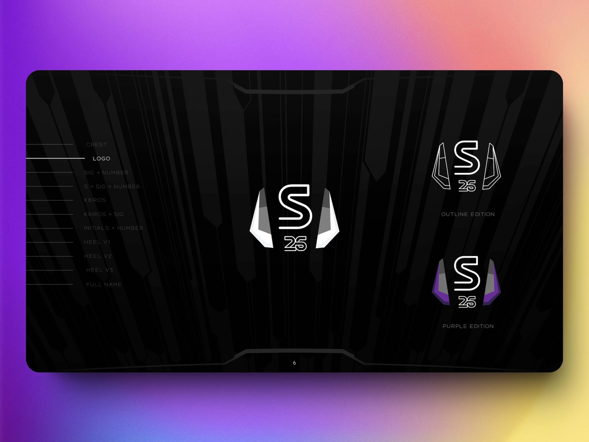 SGD.26 logo mark variations featuring S25 monogram with angular wing elements in standard, outline, and purple color modes