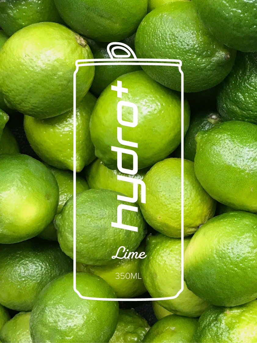 Hydro Plus hydration drink branding showcasing a minimalist can outline over a vibrant Lime background.