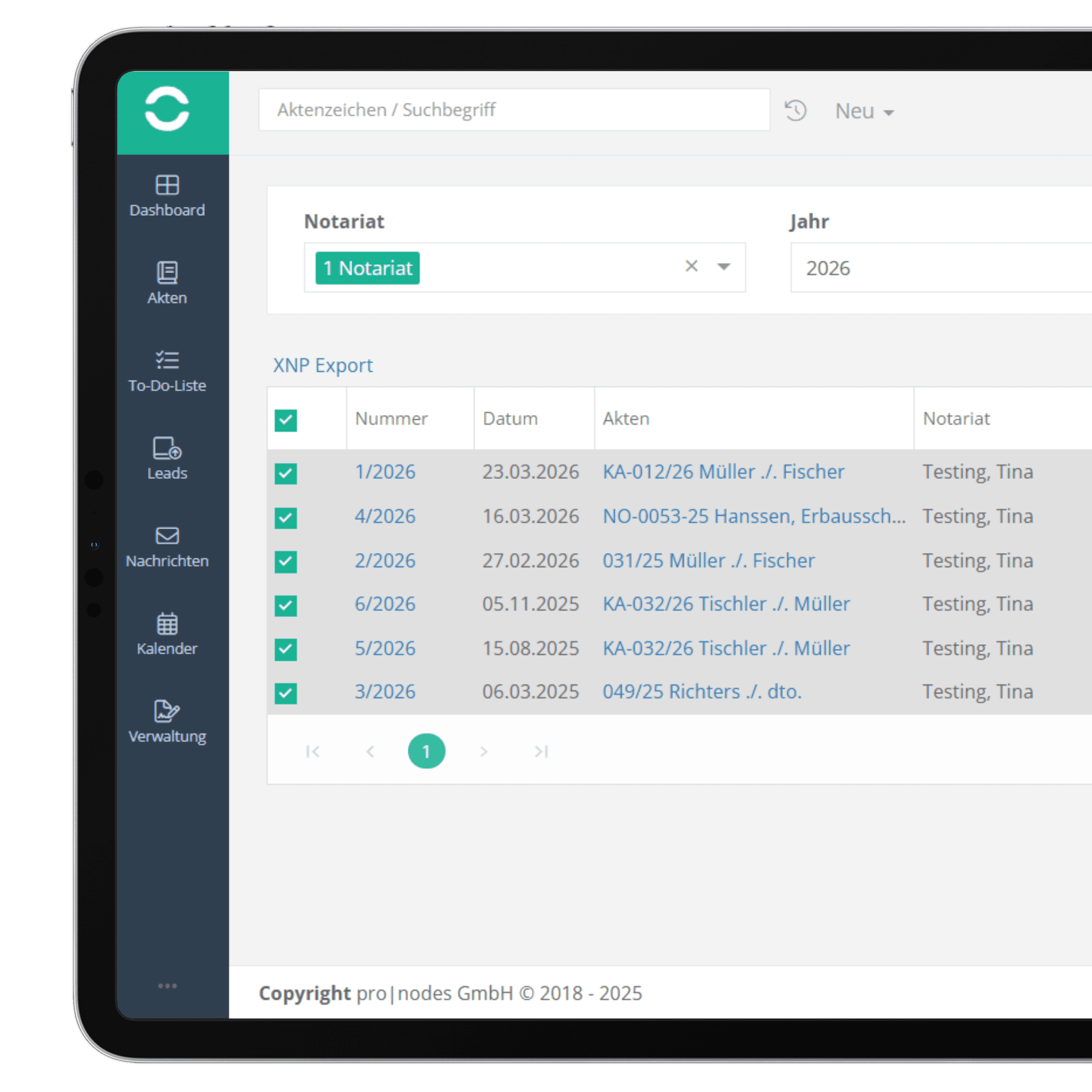 die digitale Akte in jur|nodes auf einem Tablet
