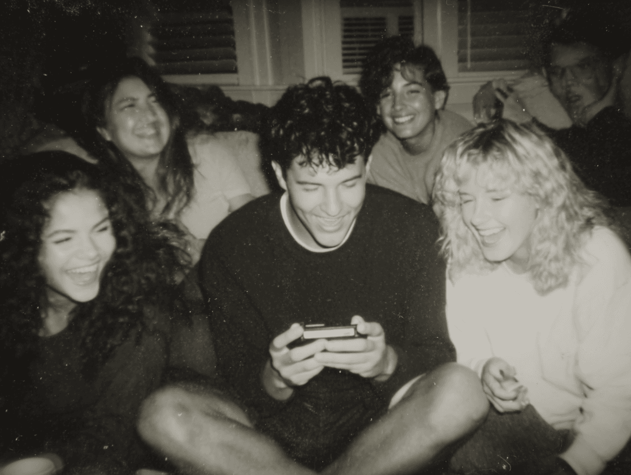 A group of teenagers sitting togehter in what looks like a livingroom. The group is sitting on the floor, and laughing. There are five people in total, only one is a boy and he is sitting in the middle of the group with a phone in his hand. It seems everyone is laughing because of something he showed or is watching on his phone. The rest of the group are girls. 