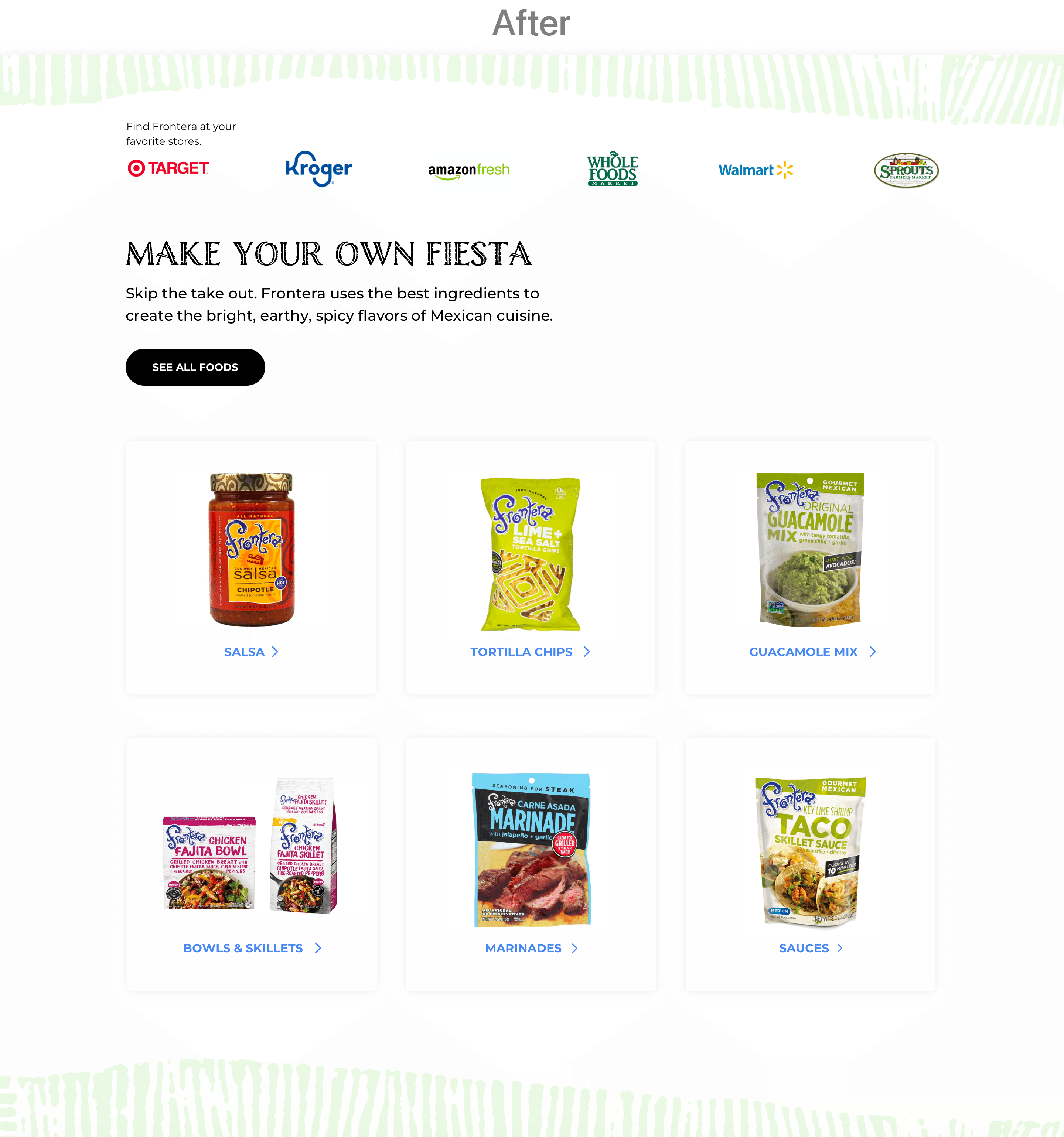 Redesigned Frontera product section with categories and store logos