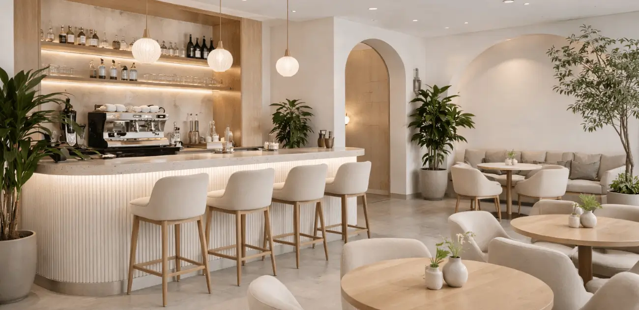 Μοντέρνο και μινιμαλιστικό καφέ με αρχιτεκτονικό σχεδιασμό και καθαρές γραμμές