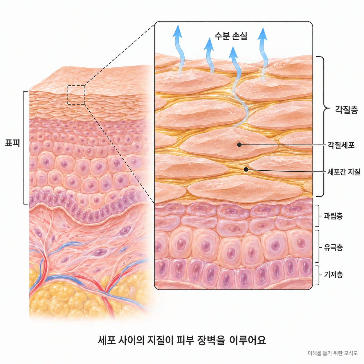 각질세포 사이를 채우는 지질층과 수분 손실을 보여주는 피부 장벽 모식도