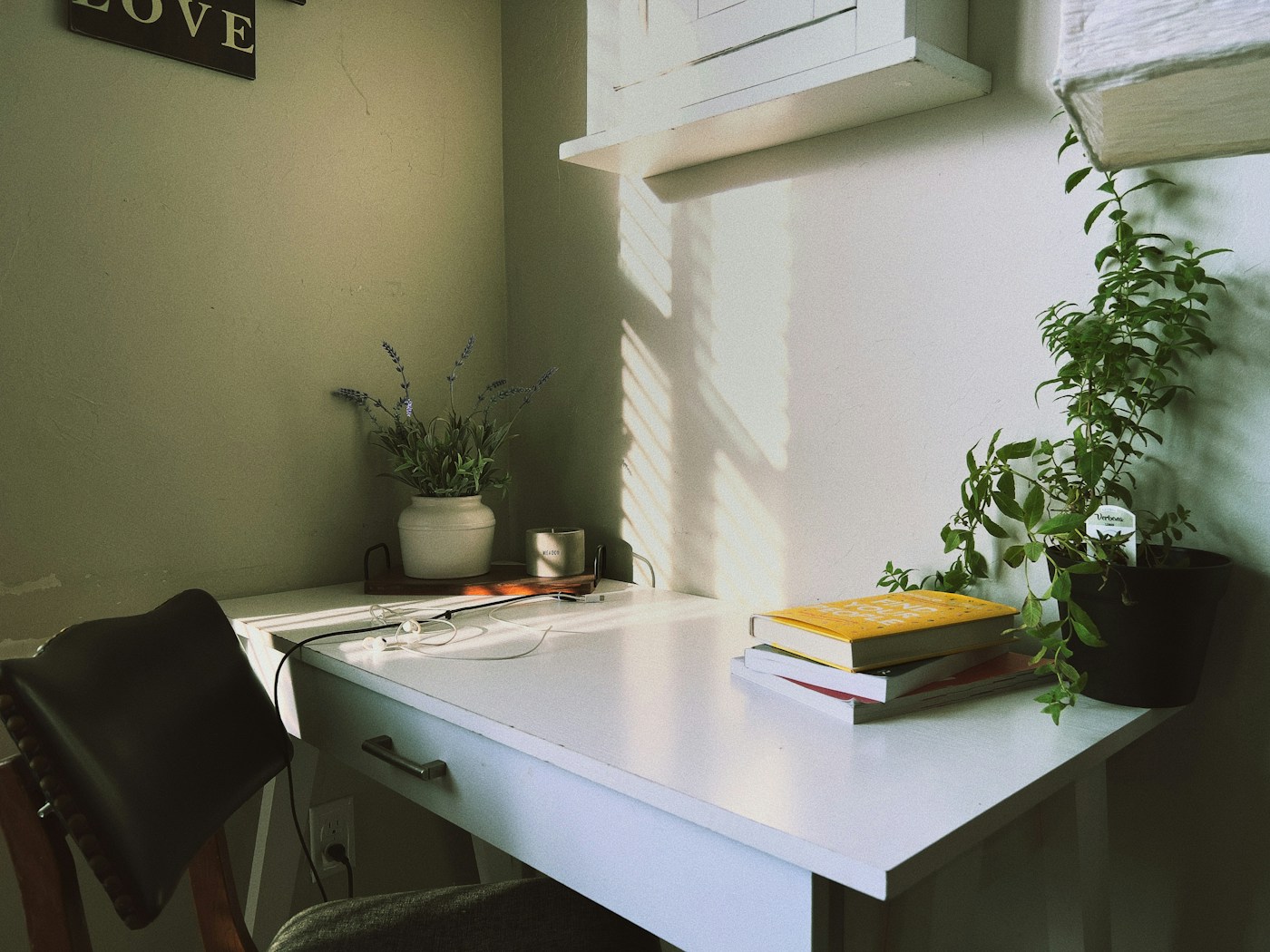 A tidy desk by a window with a plant and a book