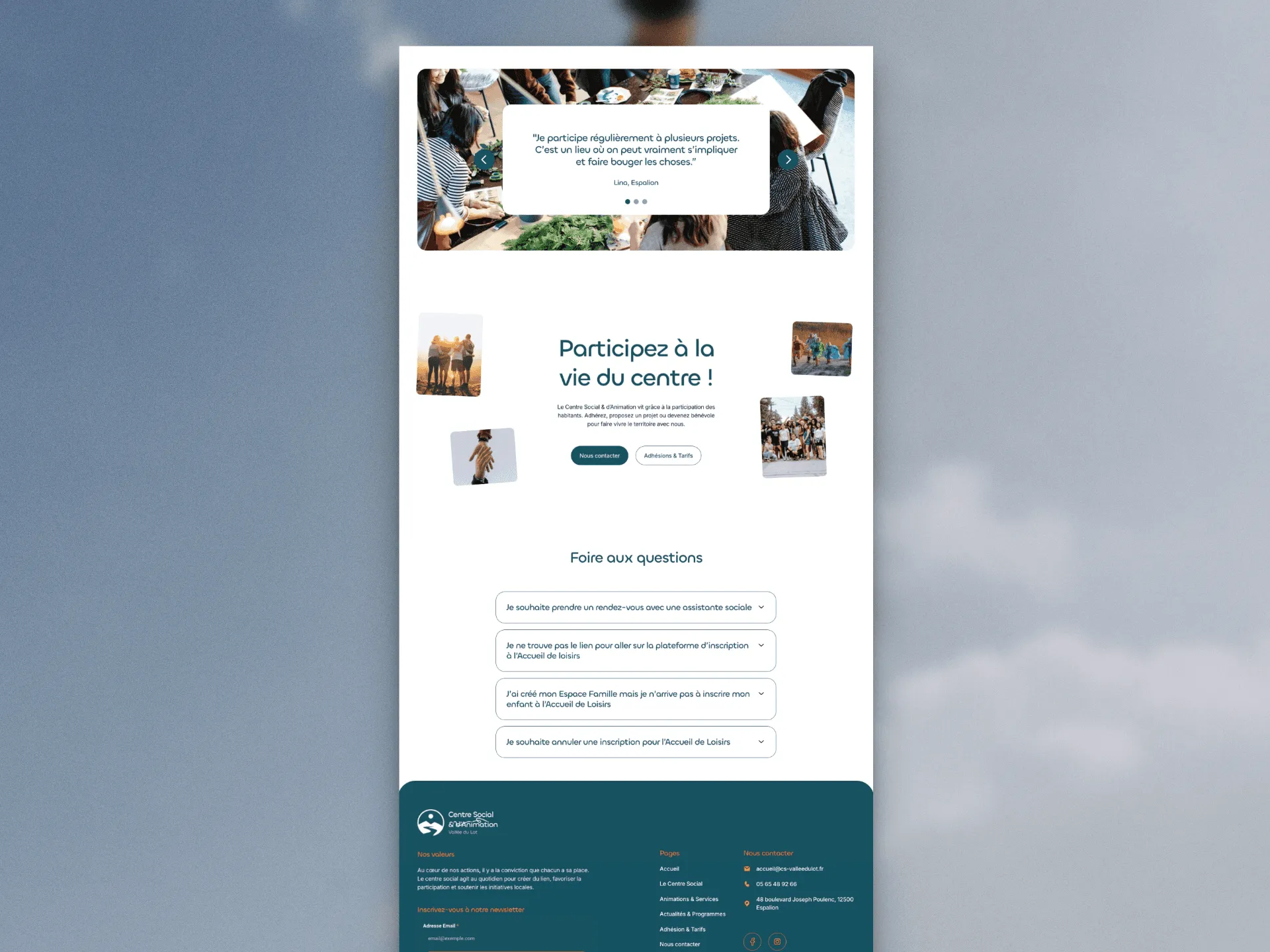 Centre Social et d’Animation Vallée du Lot website page highlighting community participation and local activities.