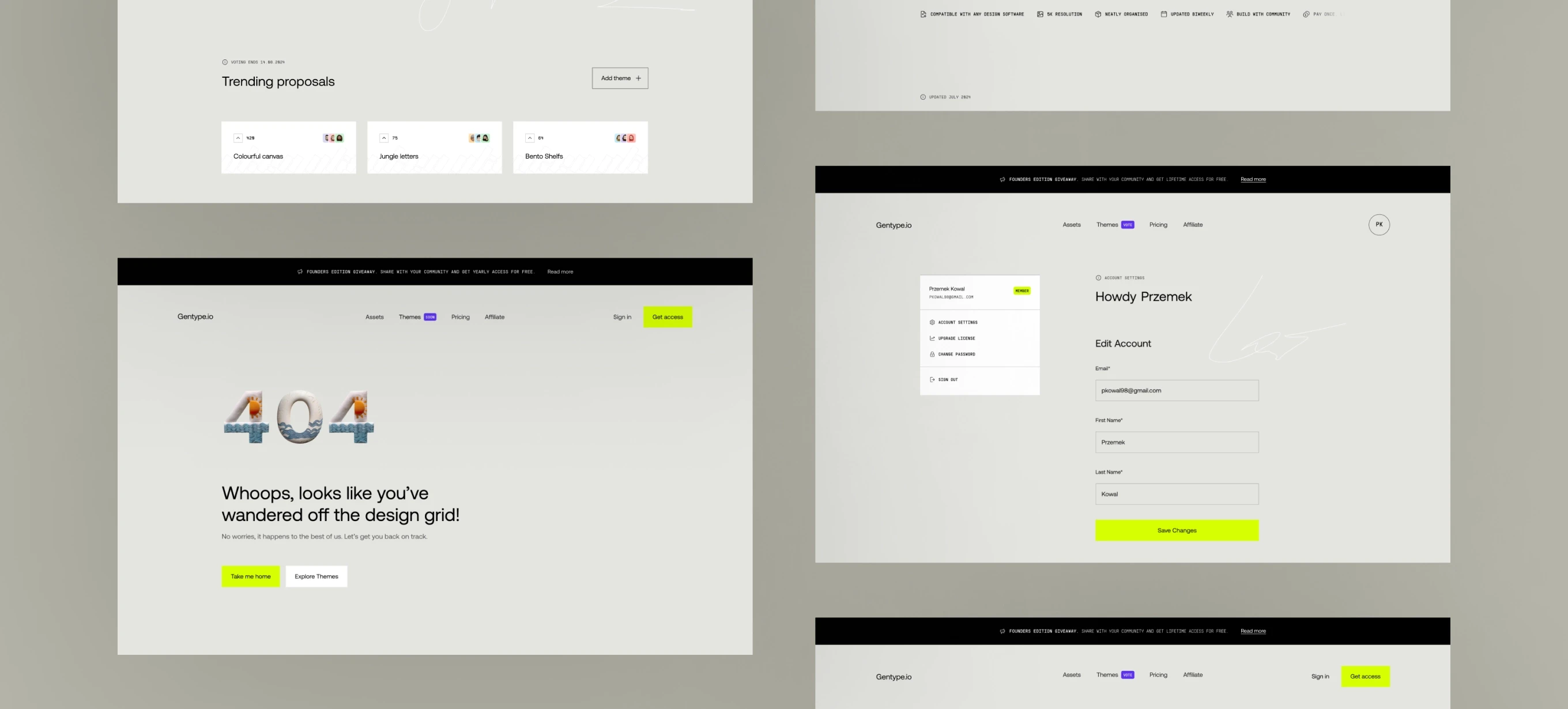 Gentype.io interface showing trending themes, a playful 404 error page with neon accents, and an account settings page for Przemek Kowal.