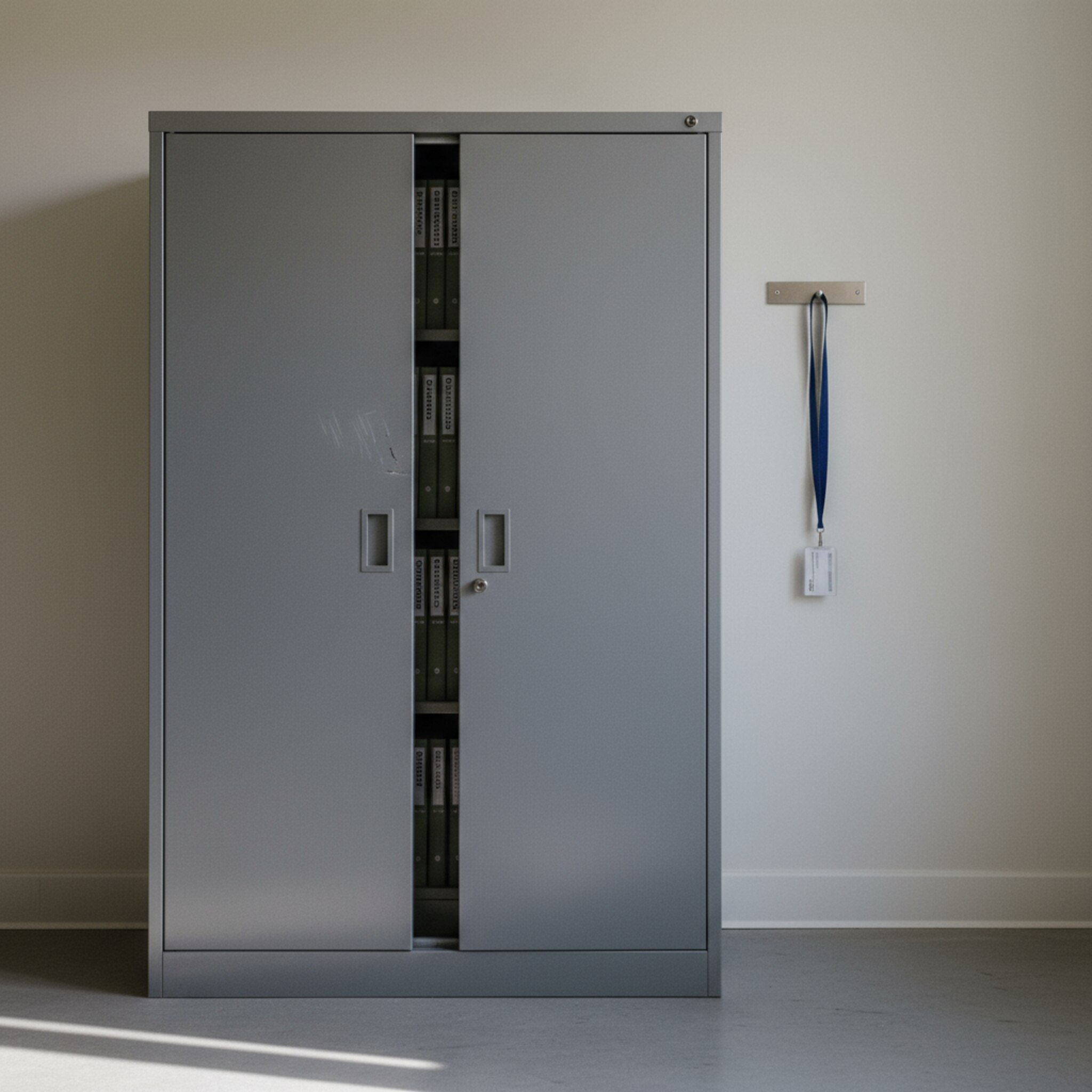 Ein Archivraum mit beschrifteten Ordnern in einem verschlossenen Metallschrank. Daneben hängt eine dezente Zugangskarte an einem Schlüsselband, ordentlich auf einem Haken. Die Luft ist kühl und klar, die Szene vermittelt Sicherheit und kontrollierten Zugriff.