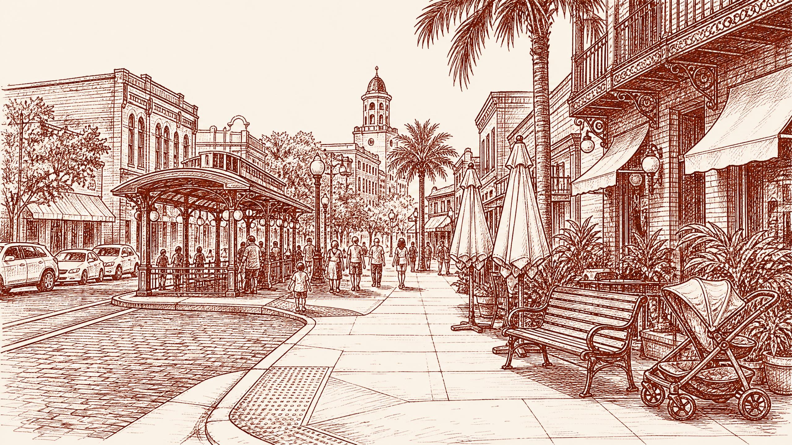 A Ybor City brick street arranged around family celebration logistics, with a covered transit -- birthday dinner tampa