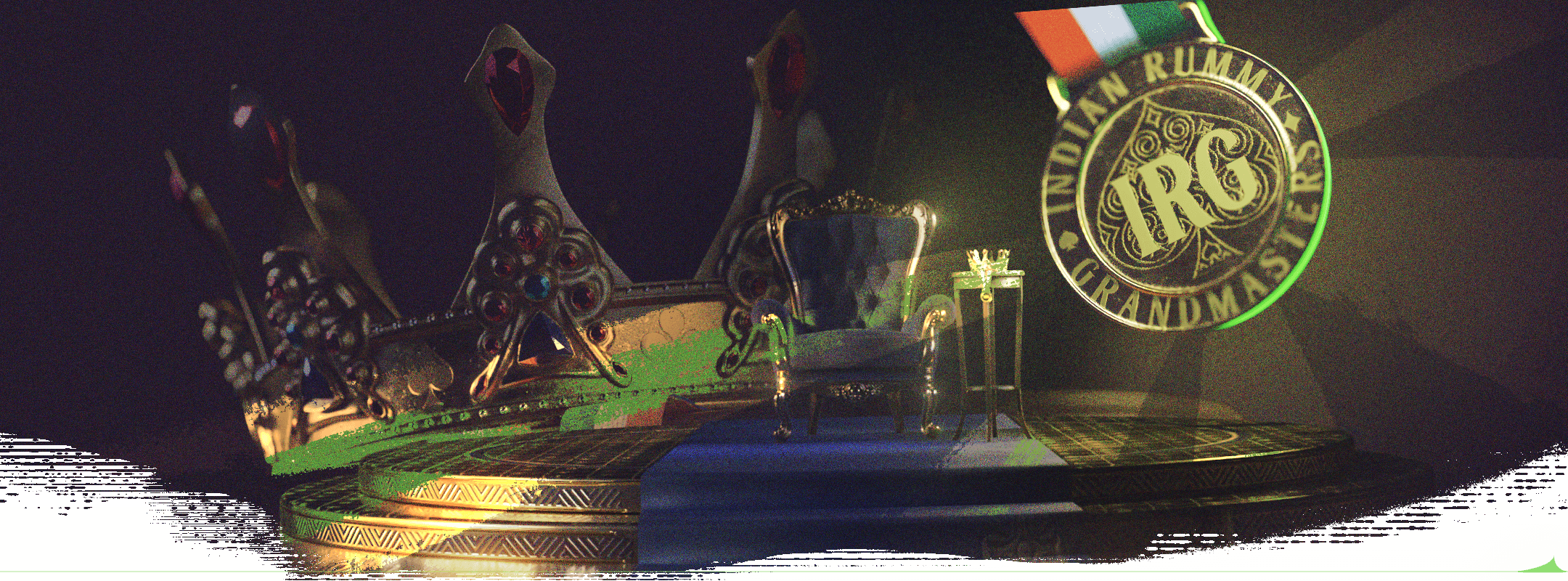 A banner showcasing a Gold Medal and a Crown overlaid on a podium with a throne