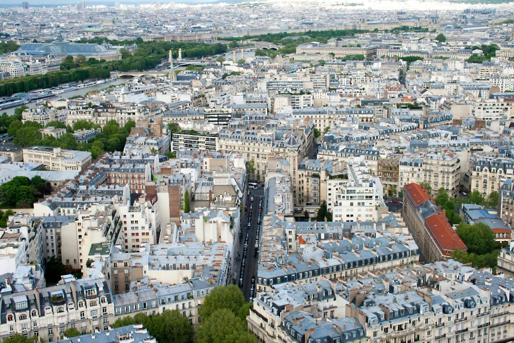 Aerial view of Paris rooftops with the Seine river and Grand Palais in the background