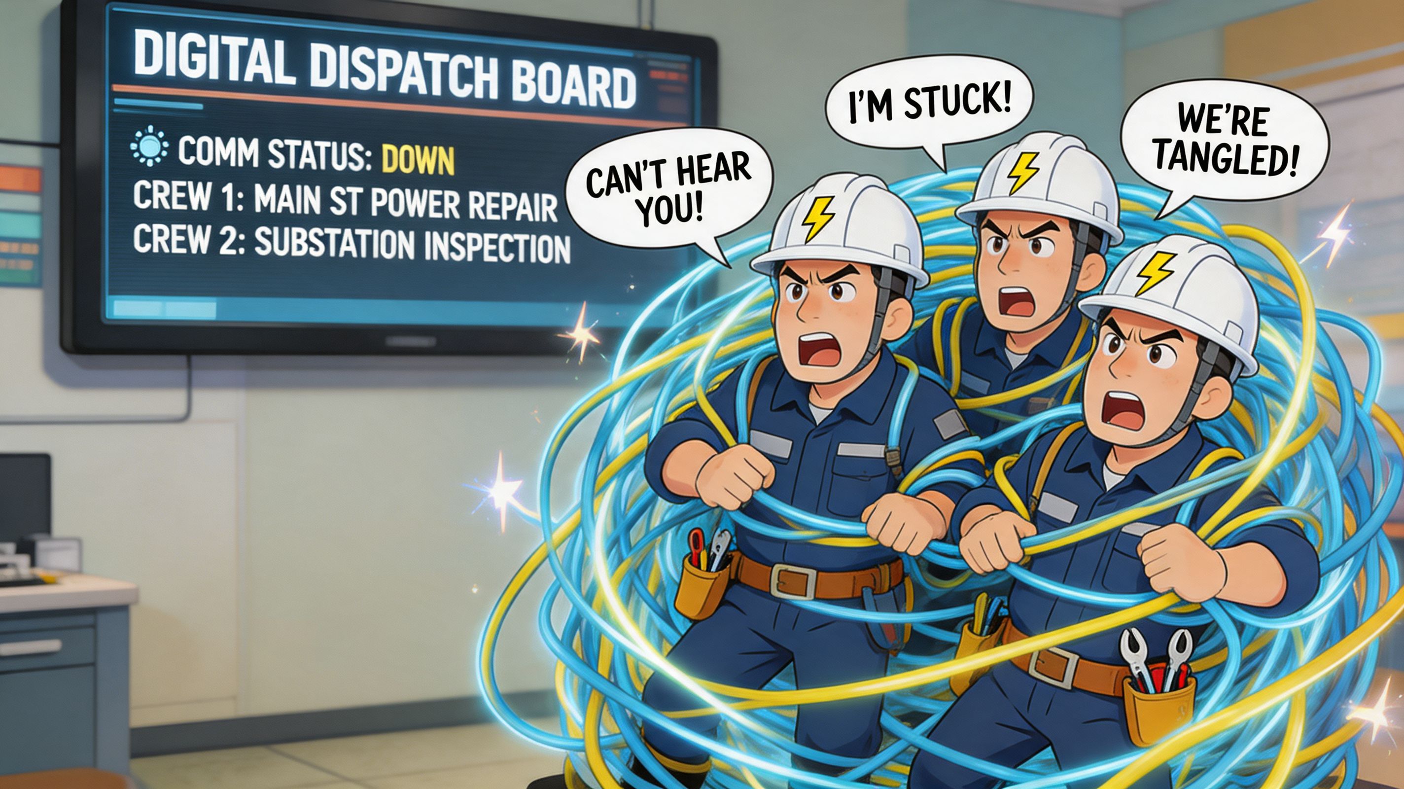 Three frustrated electrical workers tangled in a large mess of colorful power cables inside an office.