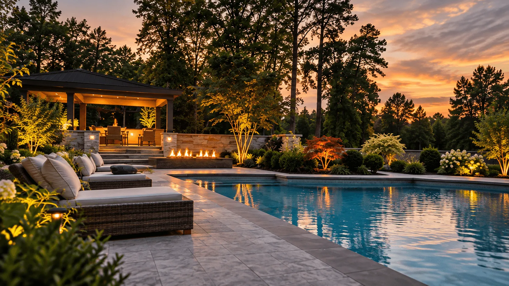 Lakeside Pavilion in Chesapeake: pool with lounge chairs, a linear fire feature and a pavilion at sunset