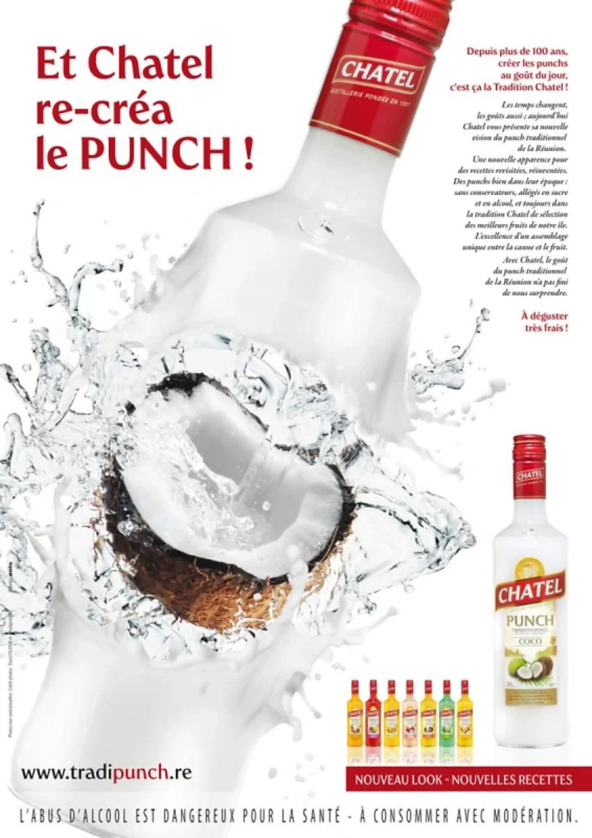Publicité Punch Chatel Coco — Noix de coco et éclaboussures de lait | Photographe David Dijoux, 974