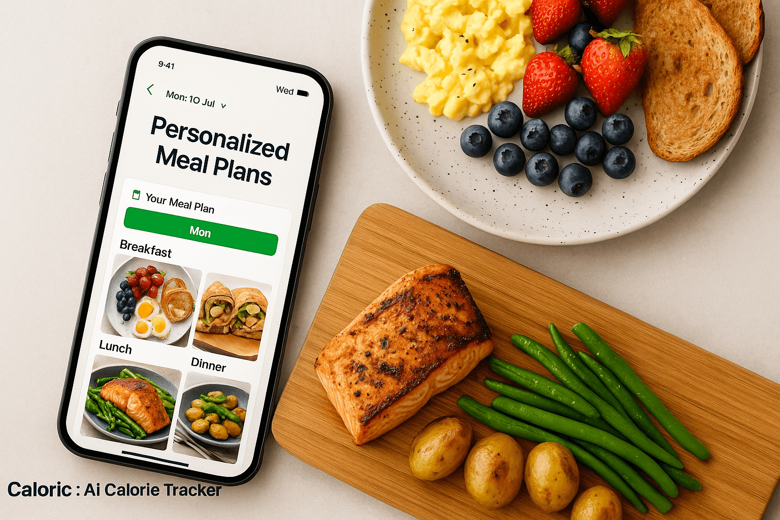 A smartphone screen displays a personalized meal plan app with images of breakfast, lunch, and dinner, placed beside a plate of healthy food including salmon, potatoes, green beans, scrambled eggs, toast, and fresh berries.