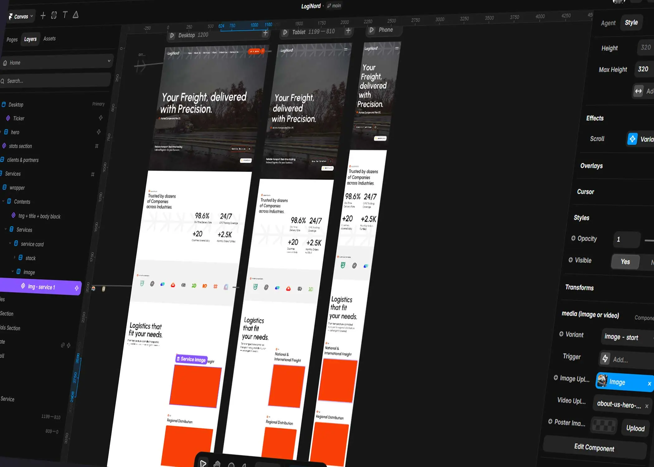 Framer editor displaying a reusable component with responsive breakpoints and editable component properties for efficient website design.