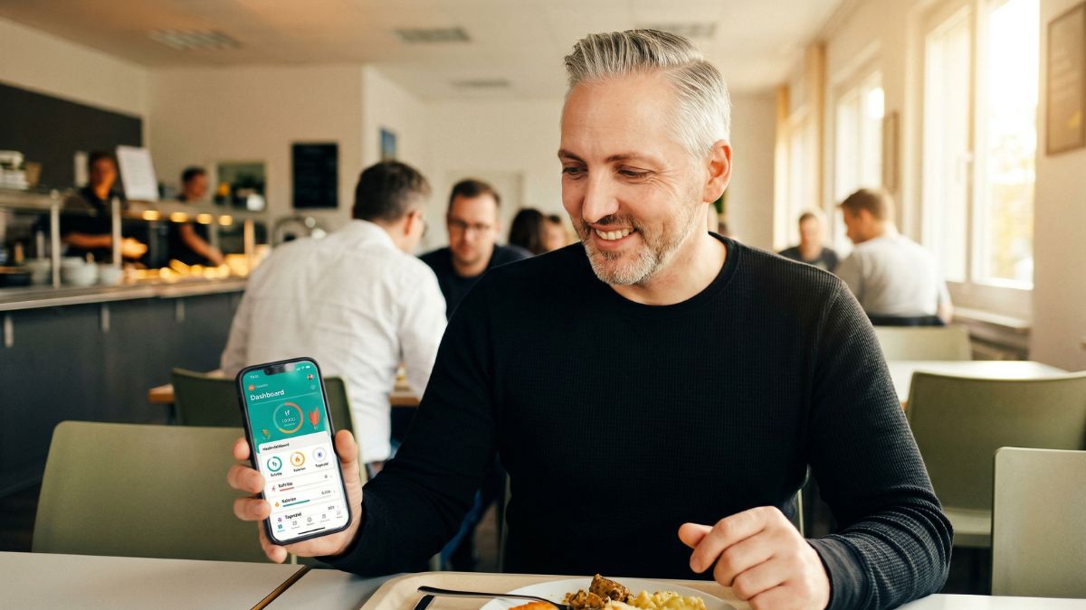 Mitarbeiter nutzt eine Gesundheits-App auf dem Smartphone in der Mittagspause