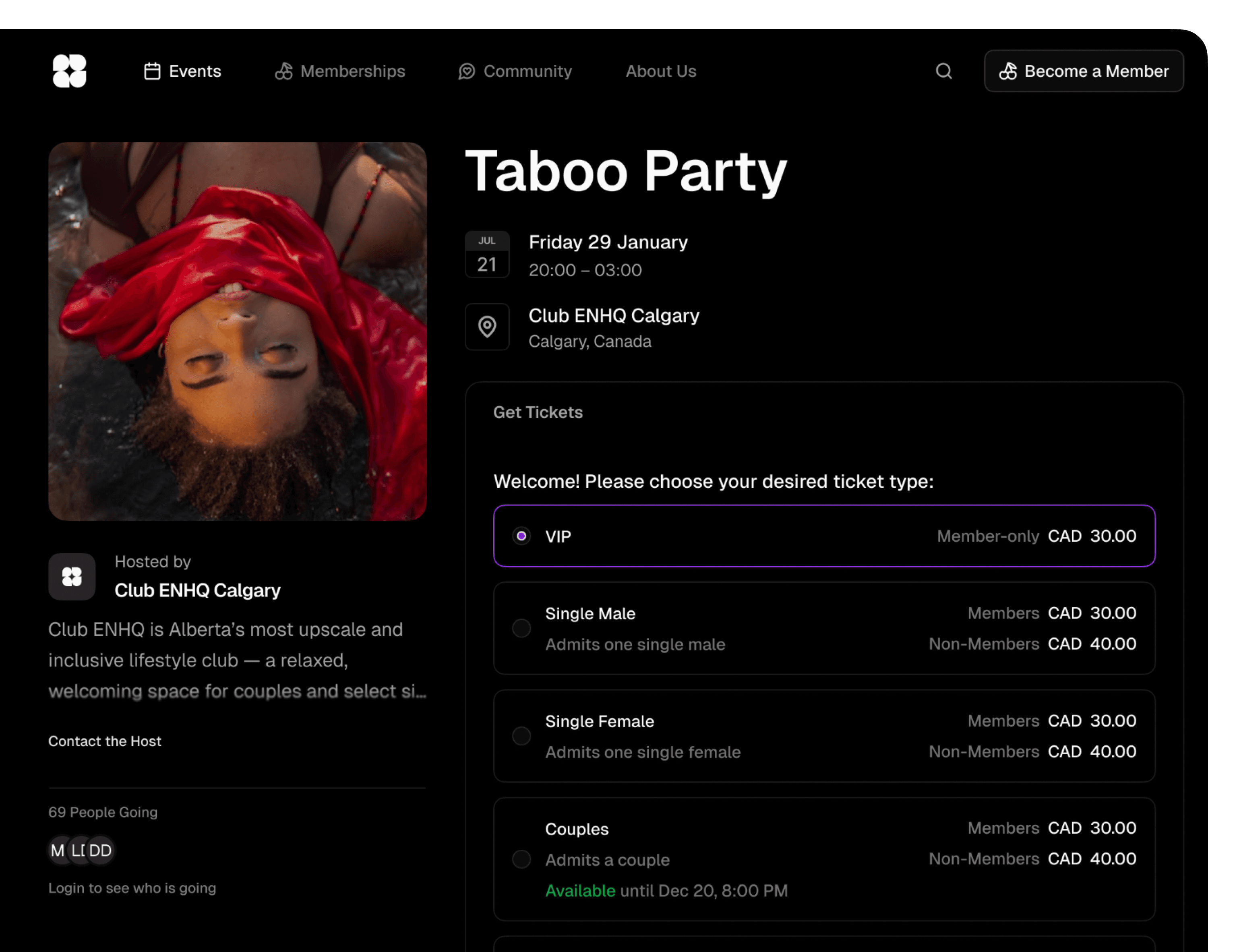 Taboo Party event page showing a person floating in water.