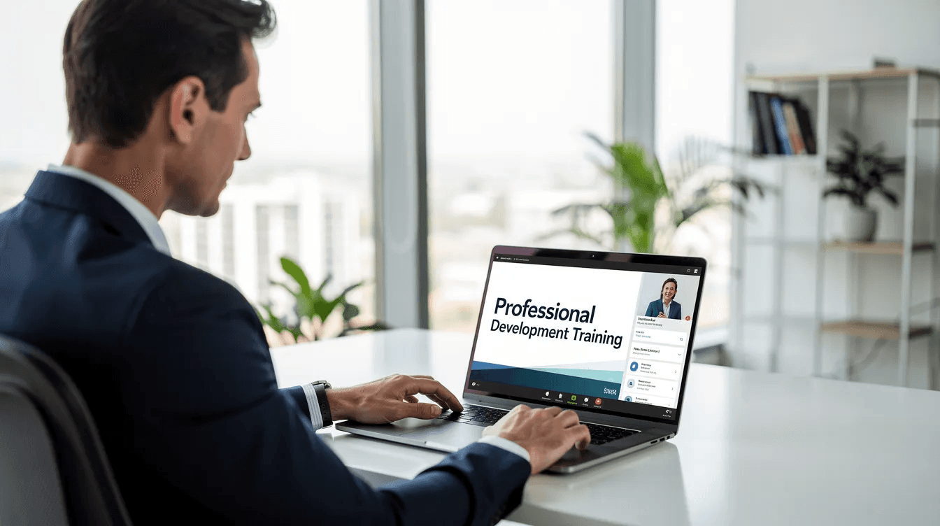 Un professionnel regarde une vidéo de formation sur un ordinateur portable dans un bureau moderne et lumineux. Cette vidéo d'e-learning vise à améliorer ses compétences en fournissant des exemples et des conseils adaptés aux besoins des apprenants.