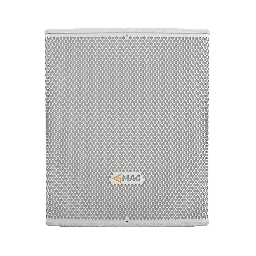 White speaker with hexagonal grille and MAG logo