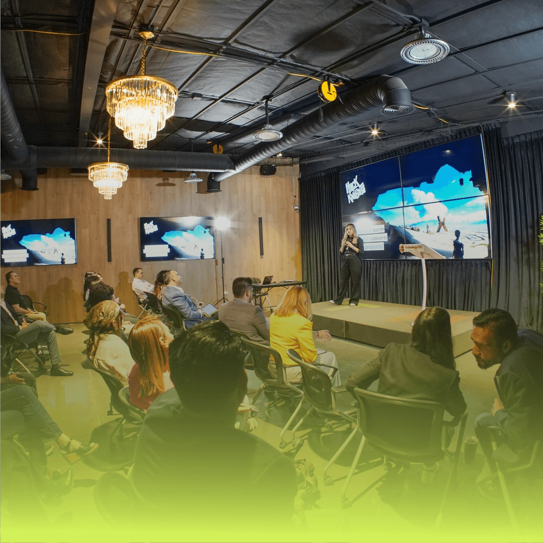 Green glass-metallic background with statistic cards