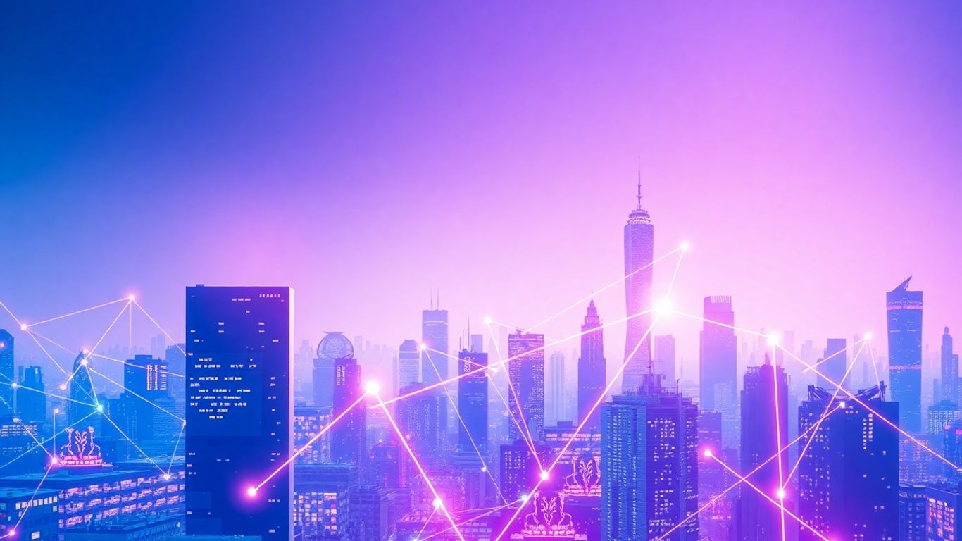 Futuristic cityscape with glowing connections and abstract shapes.