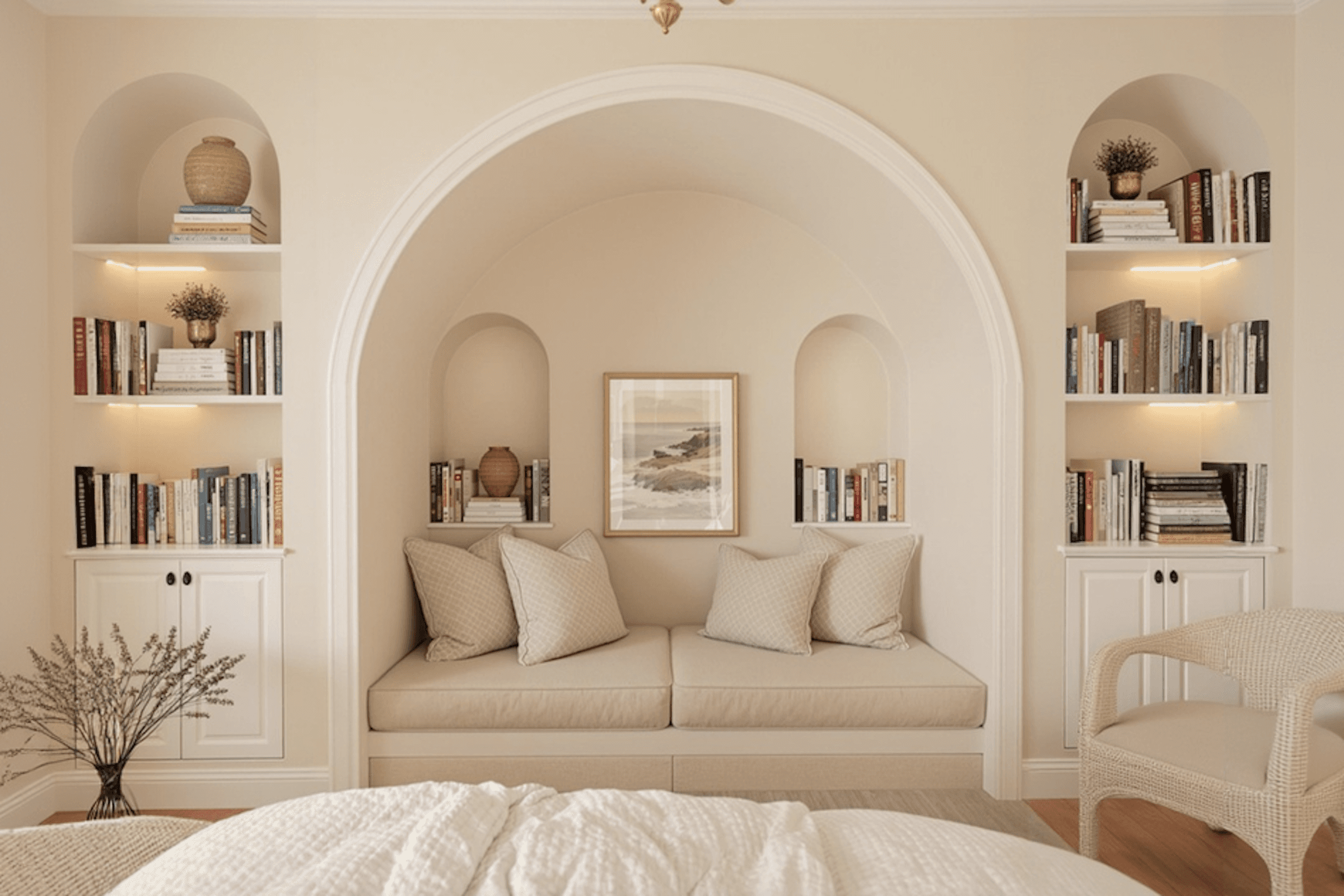 A room with some books a couch and chair light interior 