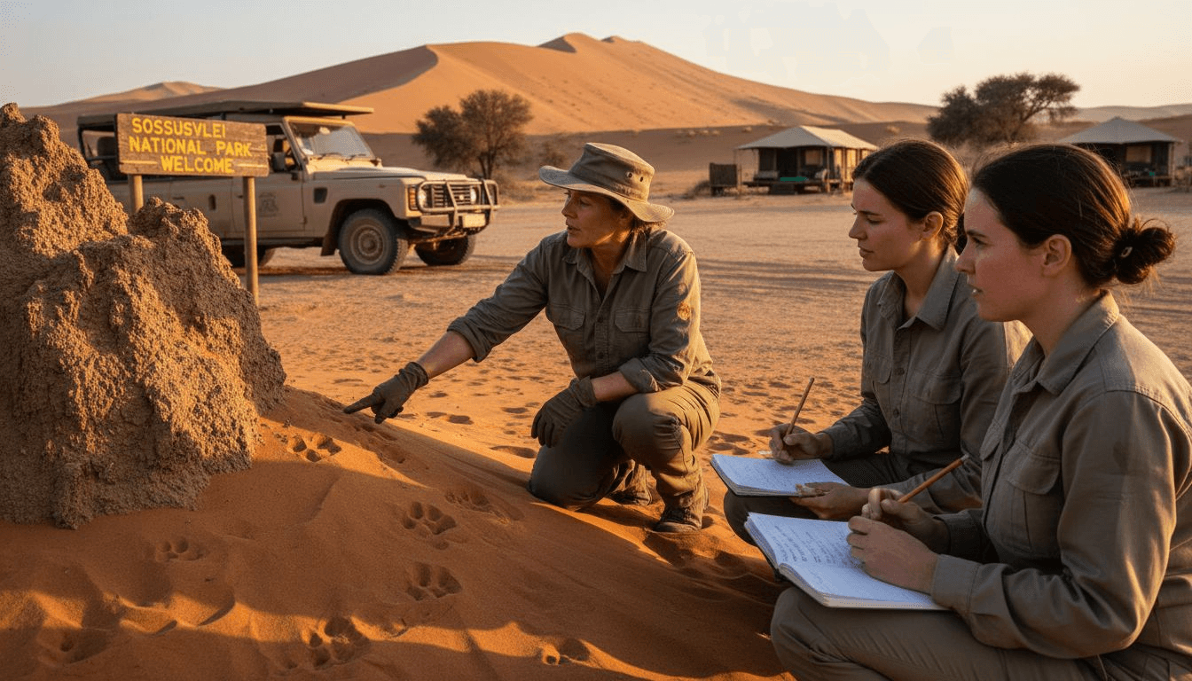 Safari guide explaining tracks to guests
