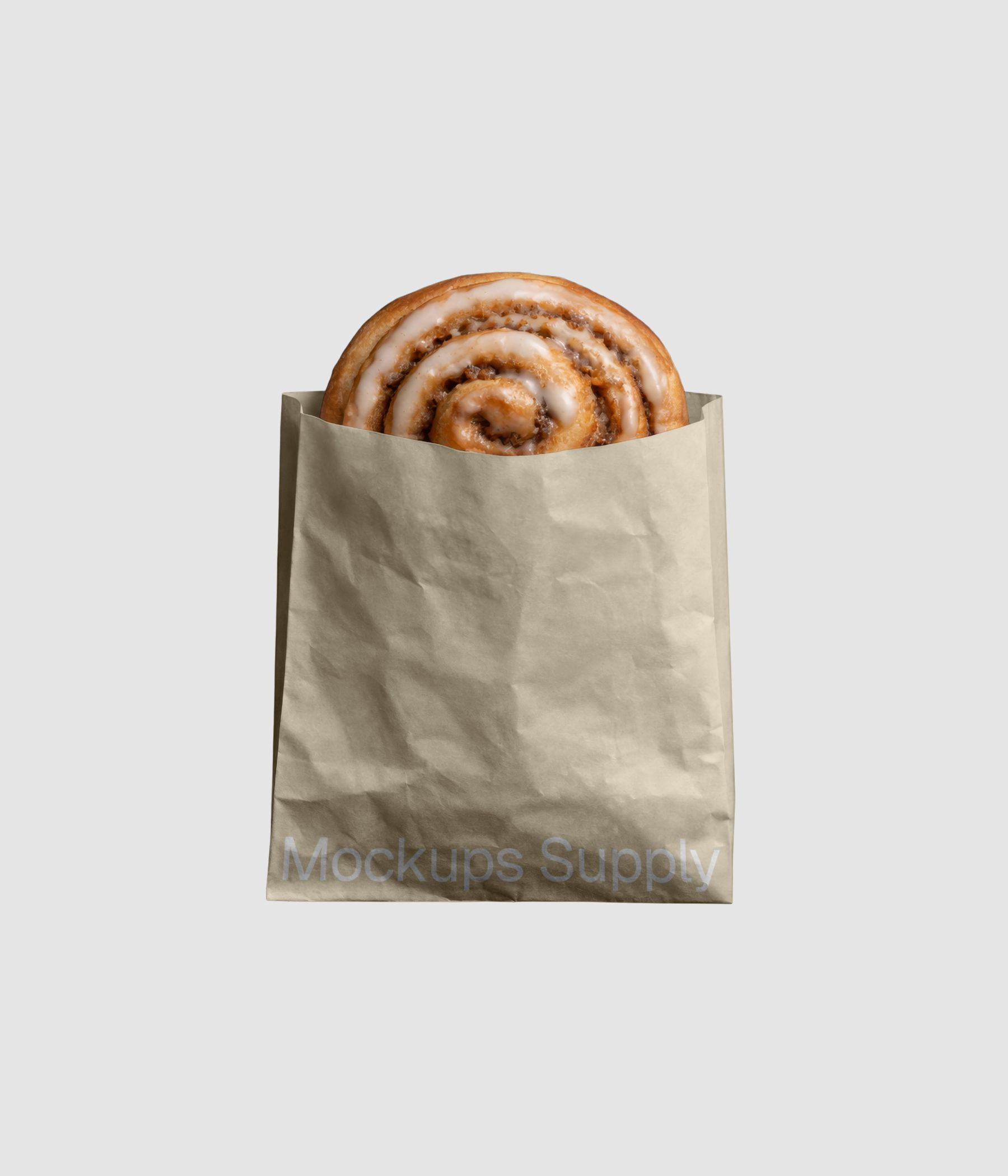 Cinnamon roll pastry packaging mockup PSD with customizable paper bag branding scene