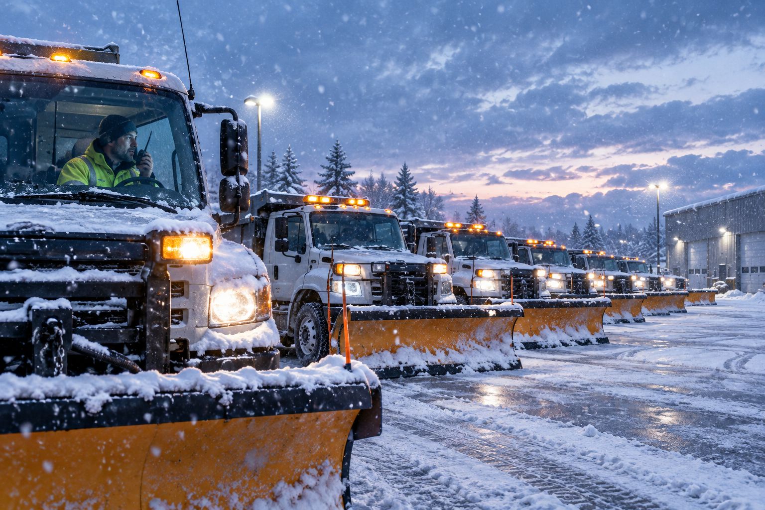 Snow removal fleet staged in a lot before a dawn dispatch after a storm