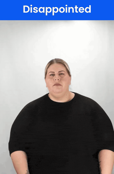 Animated GIF: a Deaf signer signs DISAPPOINTED in ASL, the tip of an index finger touching the chin.