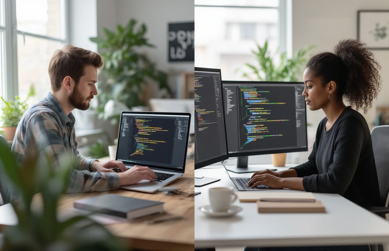Two individuals focused on their computers while collaborating in a modern office setting.