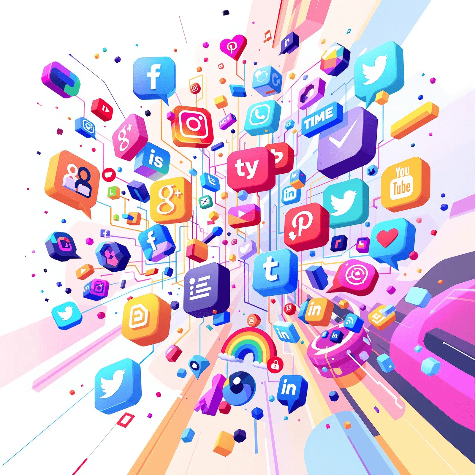 Colorful social media logos exploding outward - Social Media Hooks