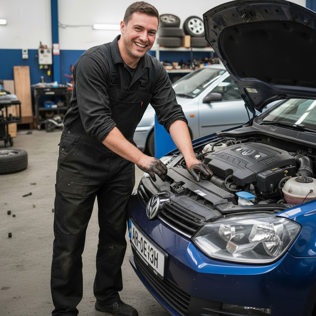 Greasy Nuts Garage mechanic servicing a Volkswagen engine in the workshop