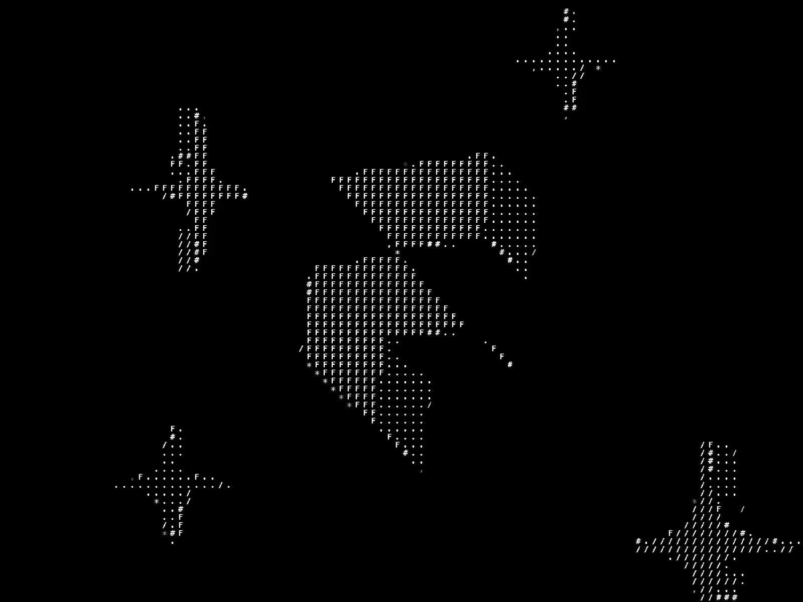 Stylized "X" made of characters with surrounding star shapes on a black background.